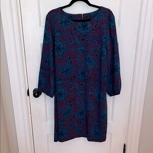 Ann Taylor 3/4 Sleeve Floral Blue Shift Dress Sz 14